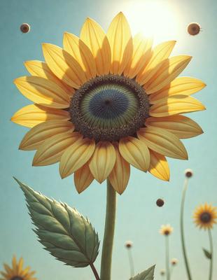 Primary subject: A large yellow sunflower with a blue center.

Setting/background: The sunflower is in a field with other flowers, creating a vibrant and colorful scene.

Visual style: The image is a digital art or illustration, featuring a sunflower with a blue center.

Colors and mood: The dominant colors are yellow and blue, creating a warm and cheerful atmosphere.